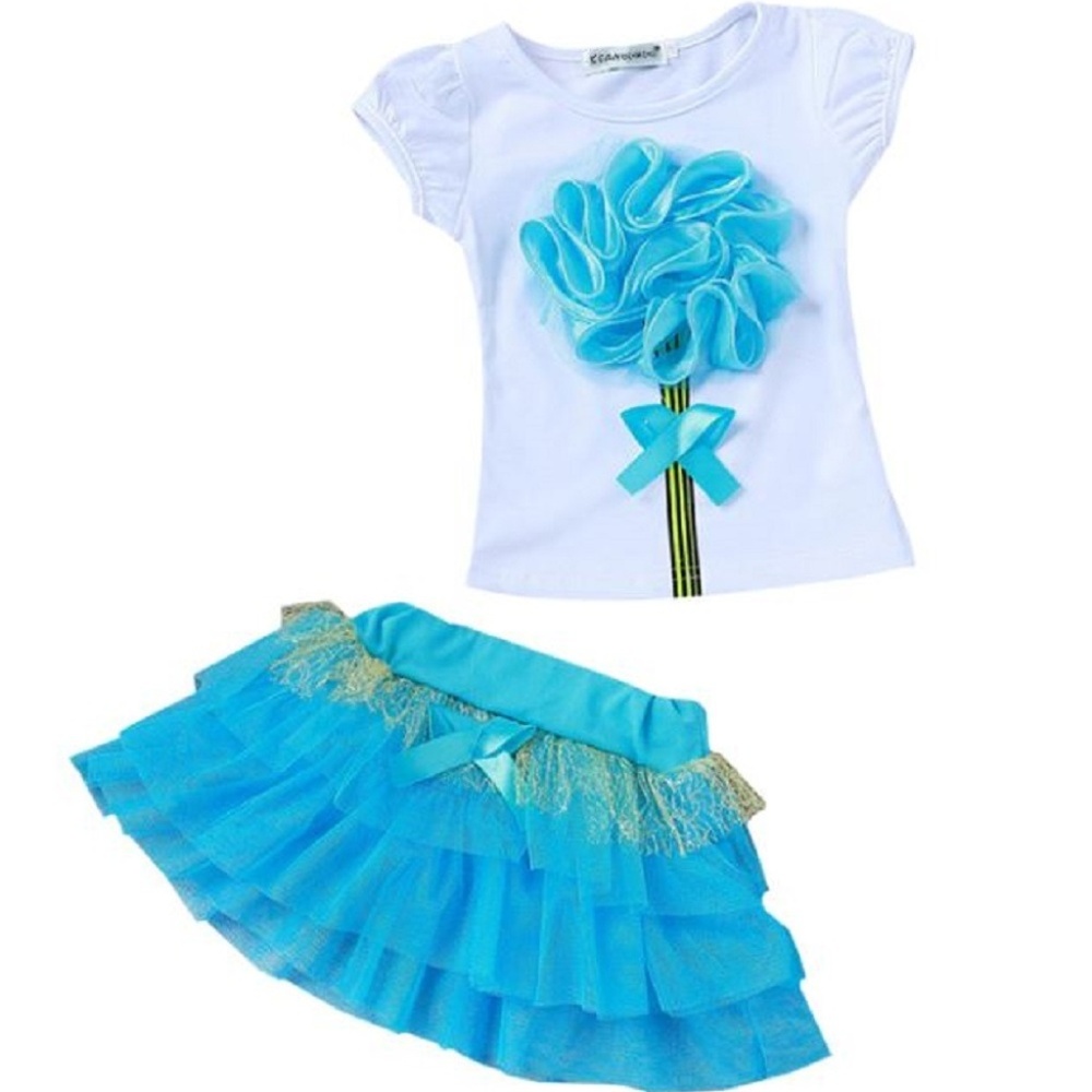 (C) Girls flower T-shirt and tutu skirt 2 piece outfit